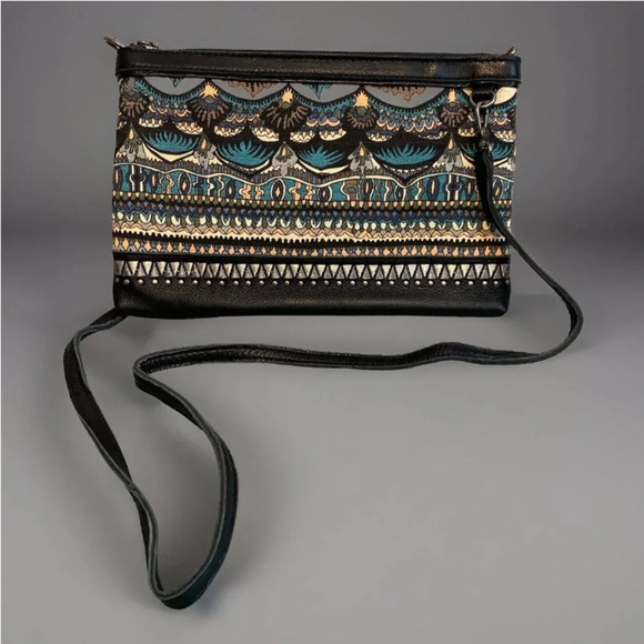 Sakroots Crossbody Leather Handbag Black Tapestry EXCELLENT Condition Zip Top - Picture 1 of 13
